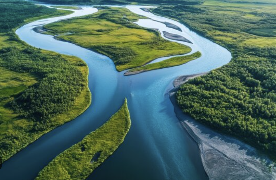 An aerial view of two winding rivers meeting and flowing through lush green forests and wetlands.