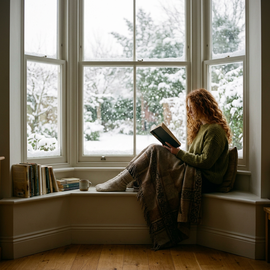 A woman with curly red hair sitting on a window seat, reading a book, with snow on the trees outside the window.