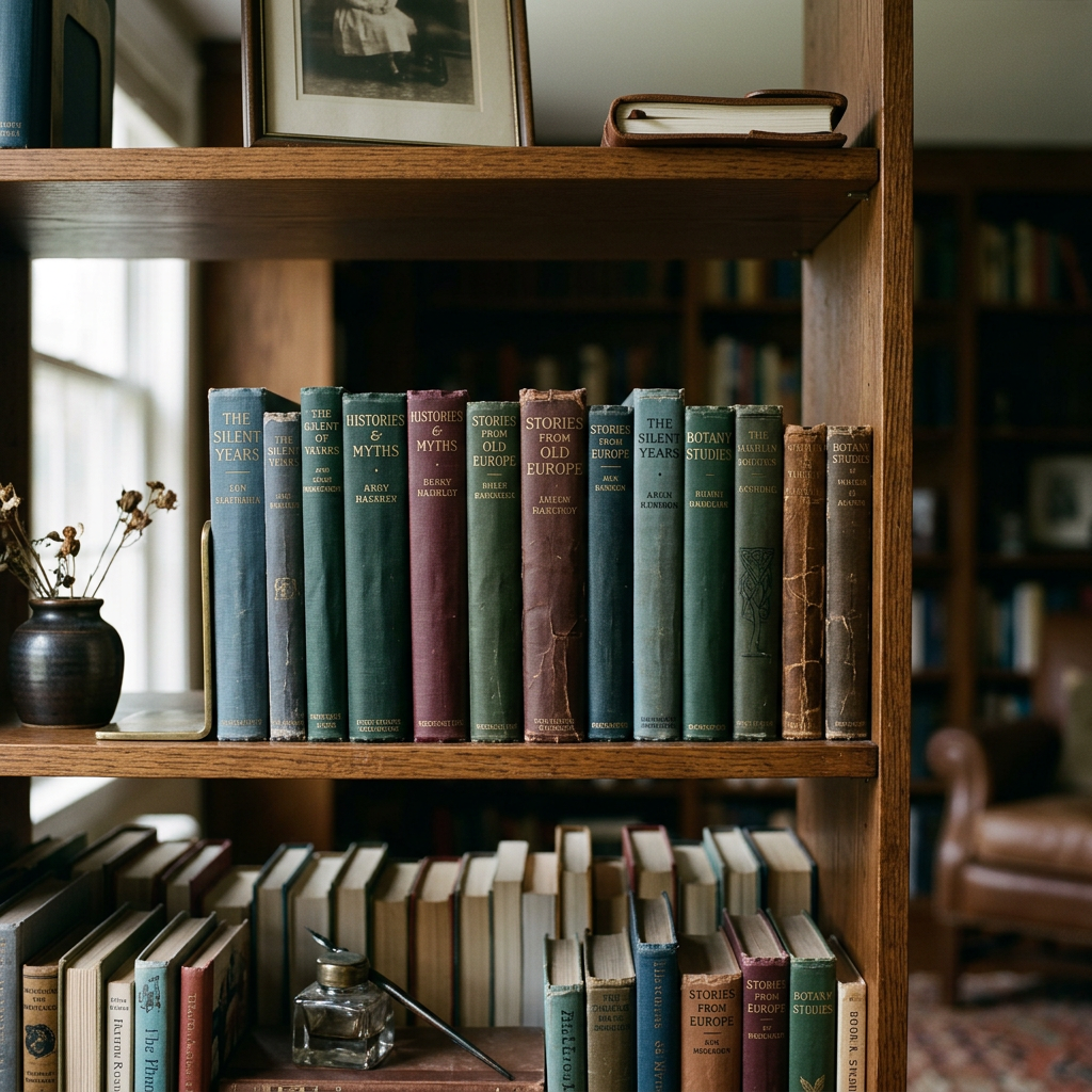 Bookshelves filled with old books and a framed photograph on the top shelf in a cozy library.