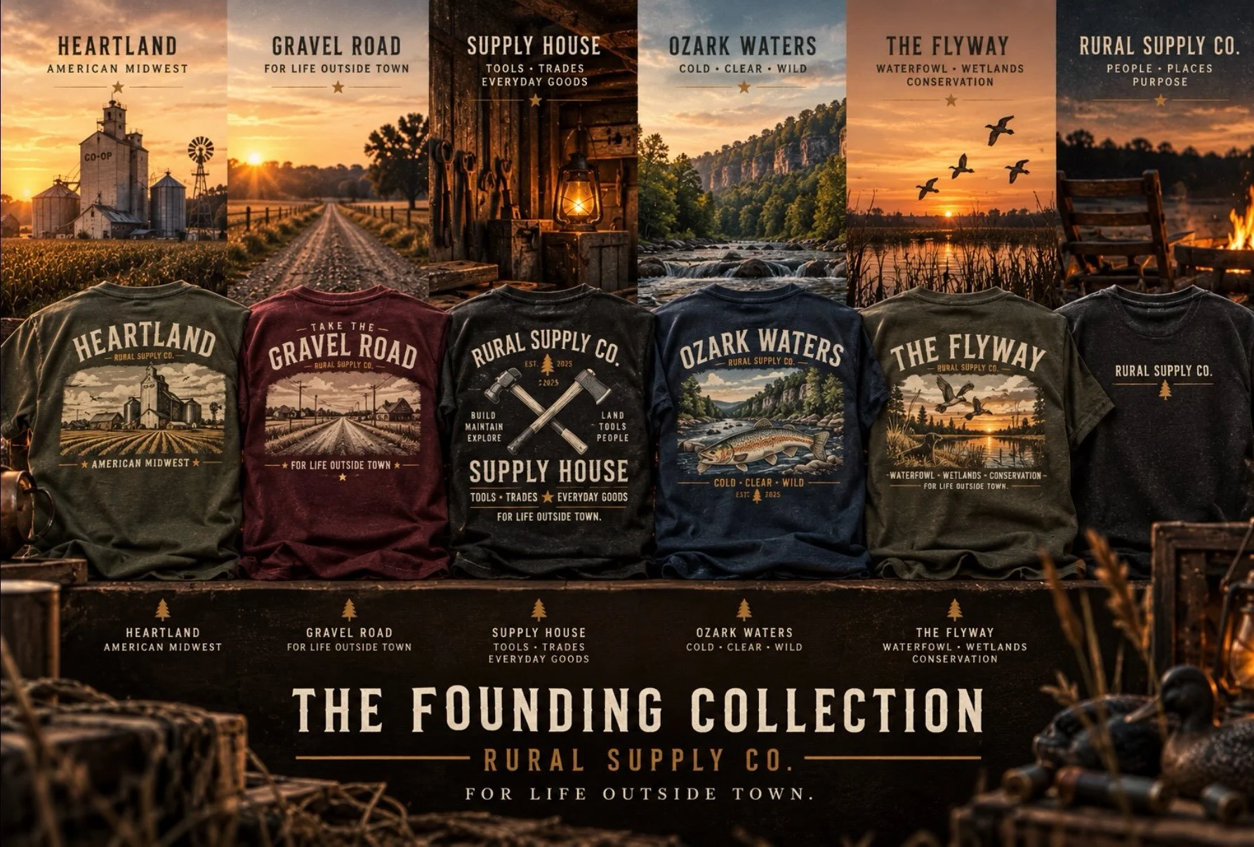 Introducing the Rural Supply Co. Founding Collection.

Six designs inspired by the places we come from, the work worth doing, and the time we spend outside.

Heartland. Gravel Road. Supply House. Core. Ozark Waters. The Flyway.

This is the starting 