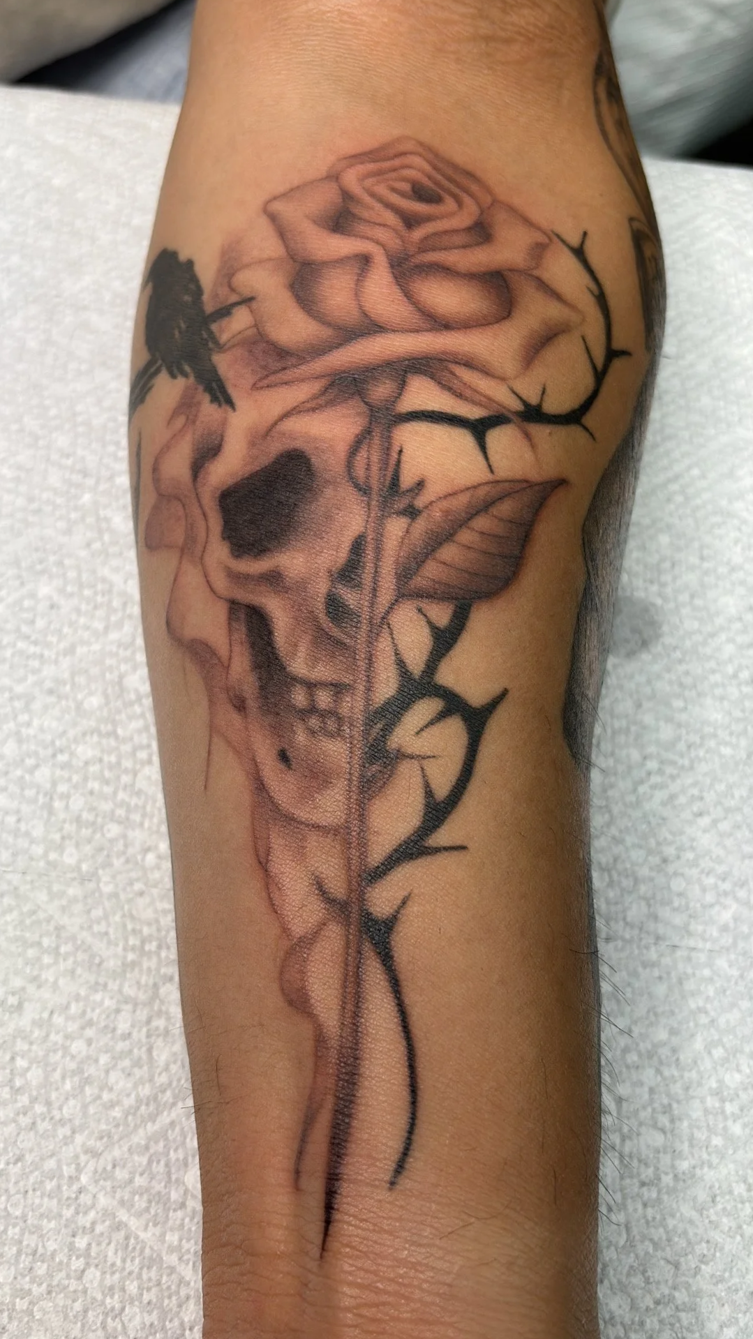 Tattoo of a human skull combined with a rose, featuring black shading and detailed line work, on a person's arm.