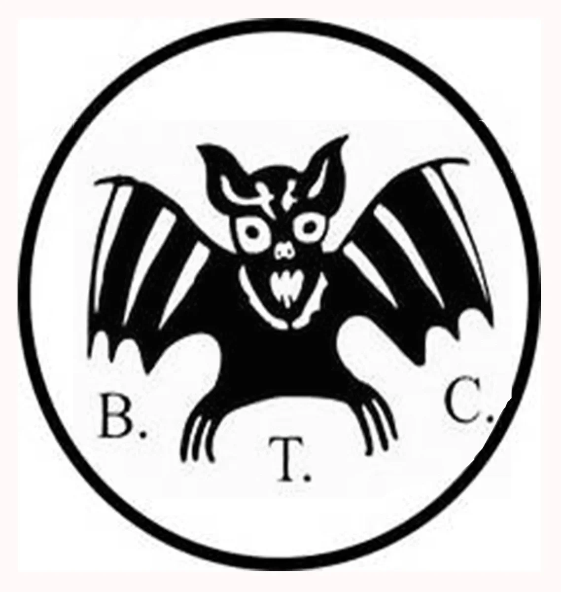A black and white illustration of a bat with exaggerated facial features, large eyes, pointed ears, and sharp teeth, surrounded by an oval border with the letters B, T, and C.