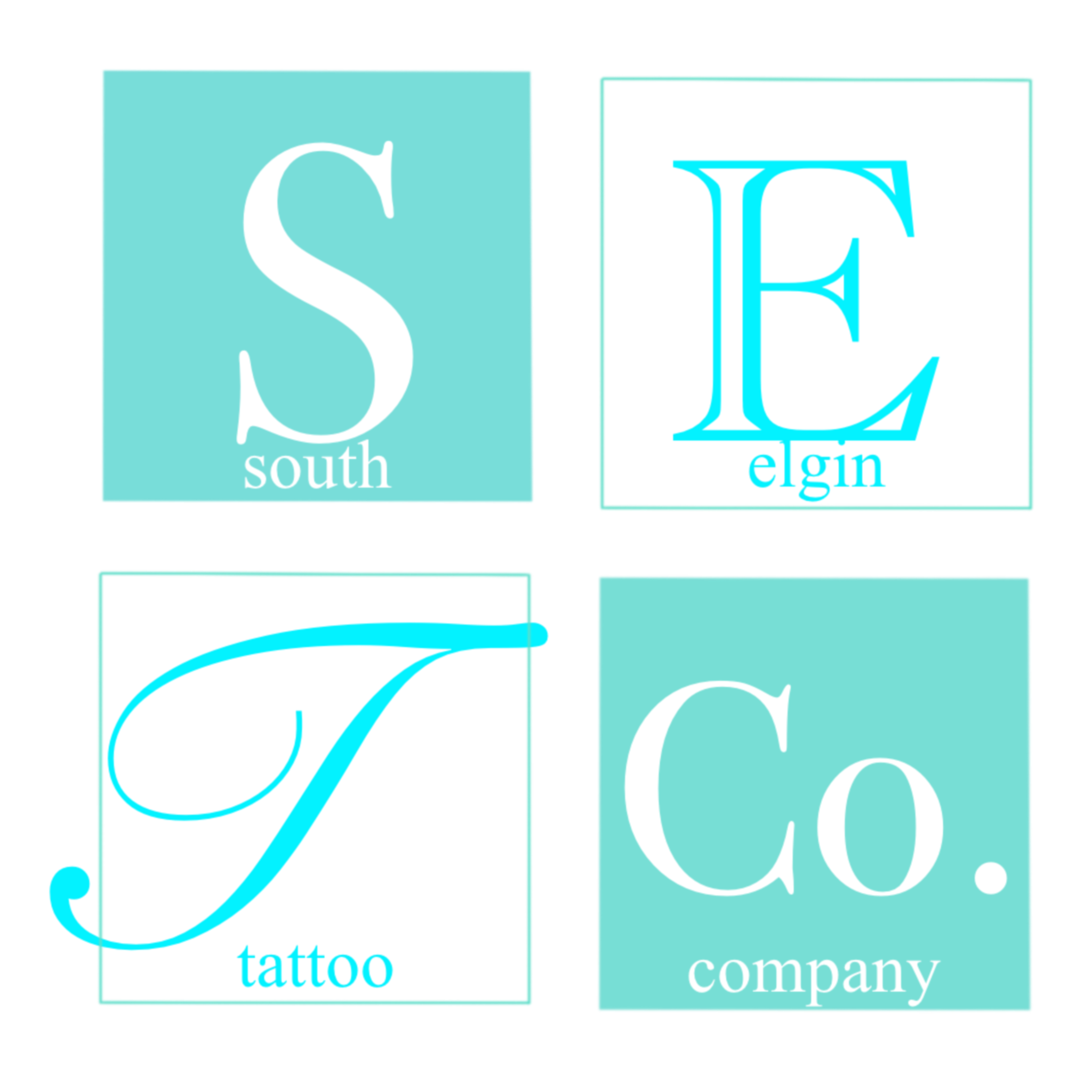 A collection of four logo-like images in turquoise, teal, and white with text including 'S south', 'Q', and 'company'.