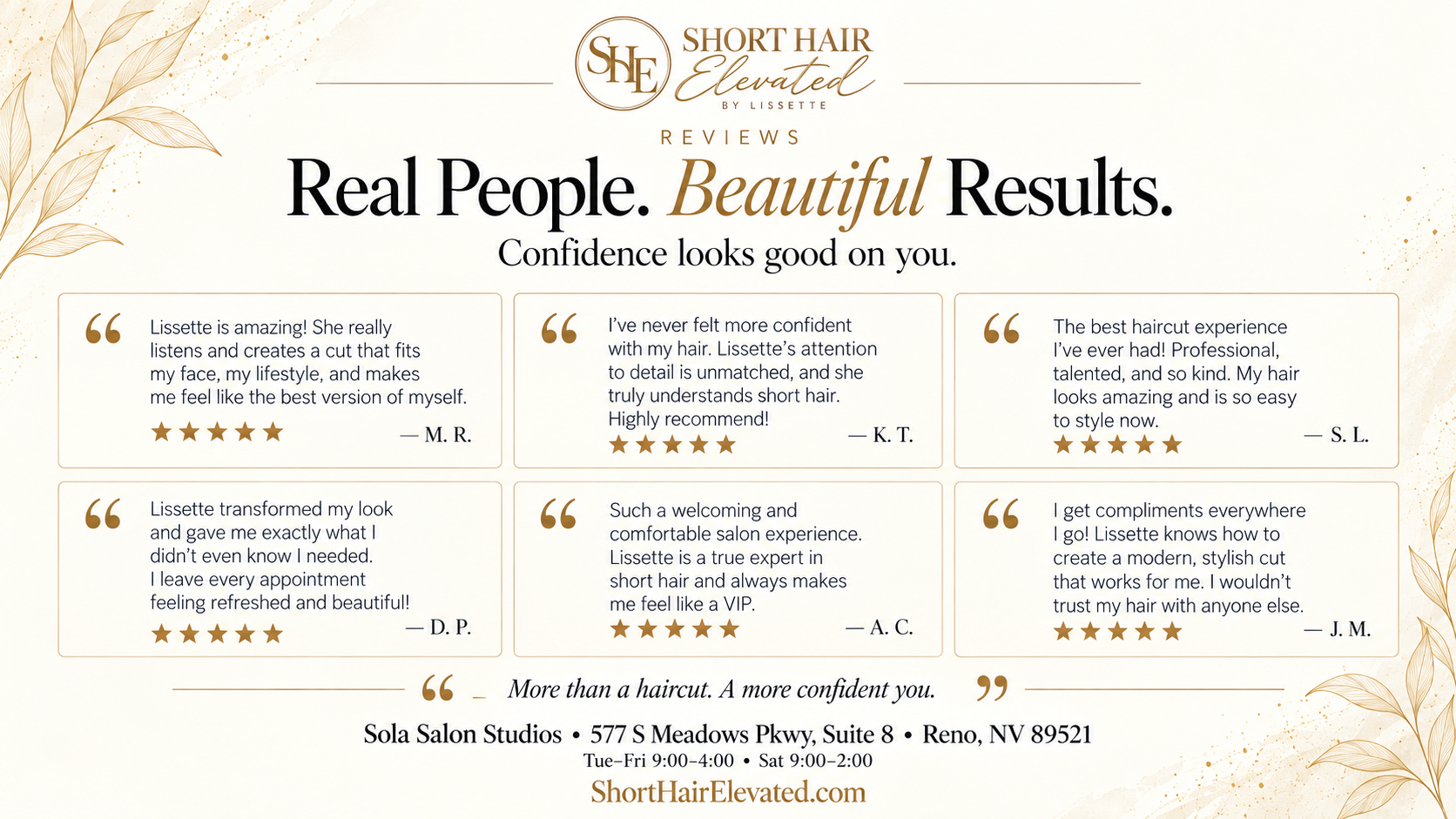 Customer reviews of Short Hair Elevated by Lissette, highlighting positive experiences with short hairstyles, professional service, confidence boosts, and salon details with contact information.