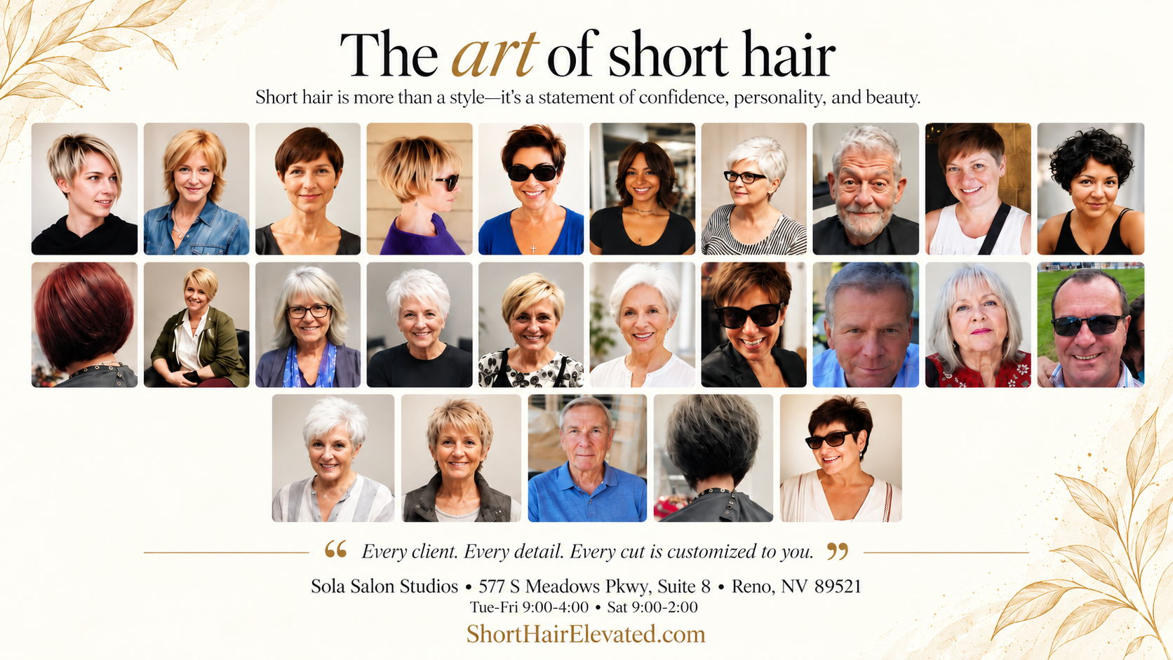 Collage of diverse women and men with various short hairstyles, promoting short hair as a style, confidence, personality, and beauty at Sola Salon Studios.
