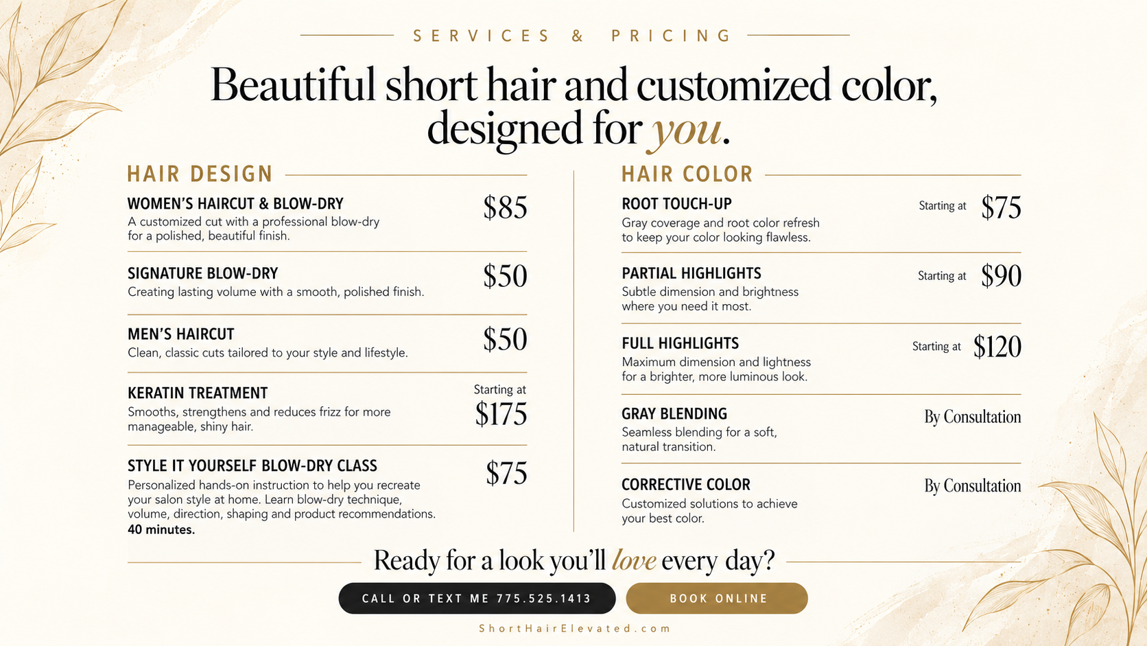 Hair salon pricing menu with services like women’s haircut, blow-dry, men’s haircut, keratin treatment, and coloring options including root touch-up, highlights, and gray blending, with prices listed.