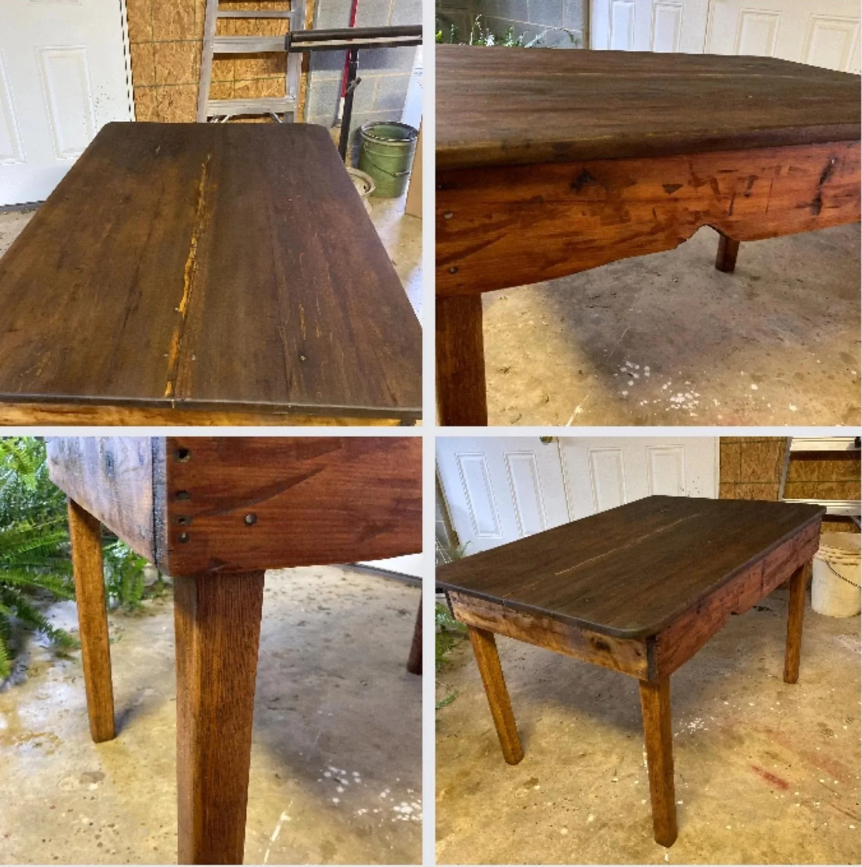 Collage showing a rustic vintage wooden table with a dark plank top, distressed finish, turned legs, and visible joinery.