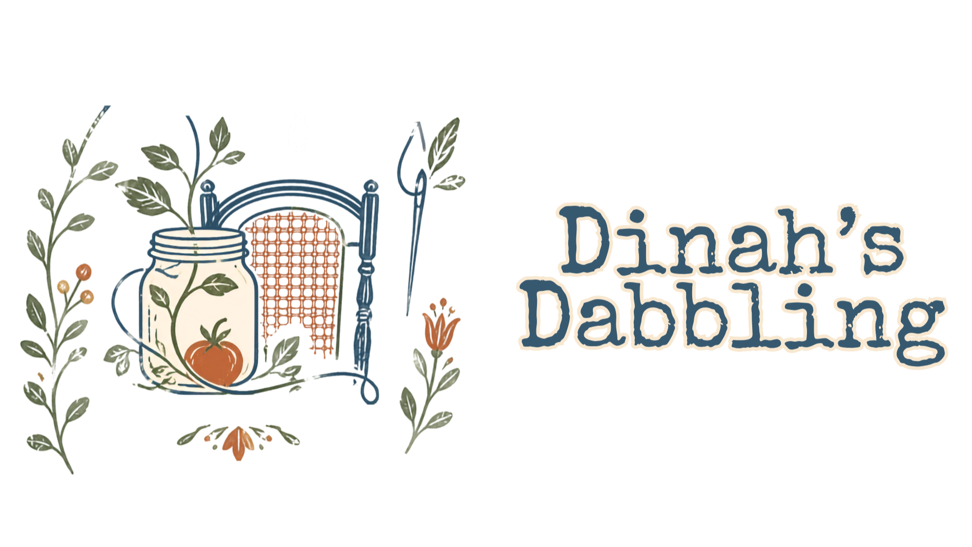 Illustrated garden scene with a tomato-decorated mason jar and the words “Dina’s Dabbliing.”