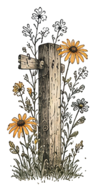 Vintage illustration of a weathered wooden fence post surrounded by wildflowers and foliage