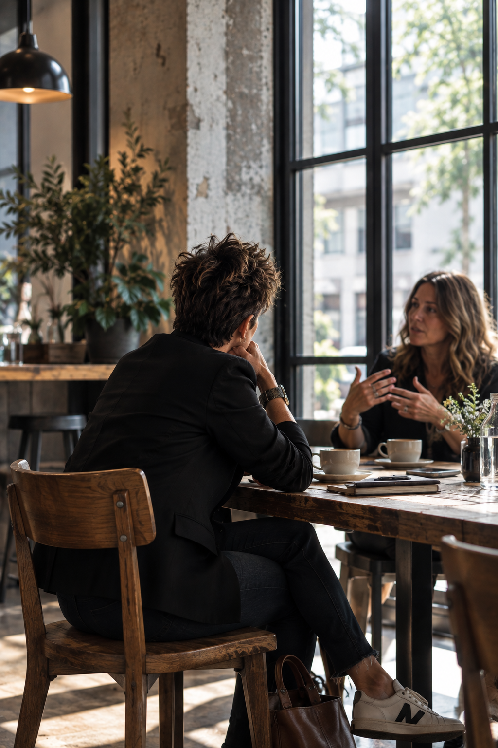 Two women are sitting at a wooden table in a cafe, engaged in a conversation. One woman has curly hair, is wearing a black blazer, white sneakers, and is gesturing with her hands. The other woman has short hairstyling, is wearing a black jacket, and rests her chin on her hand while listening. The cafe has large windows, potted plants, and a rustic interior.