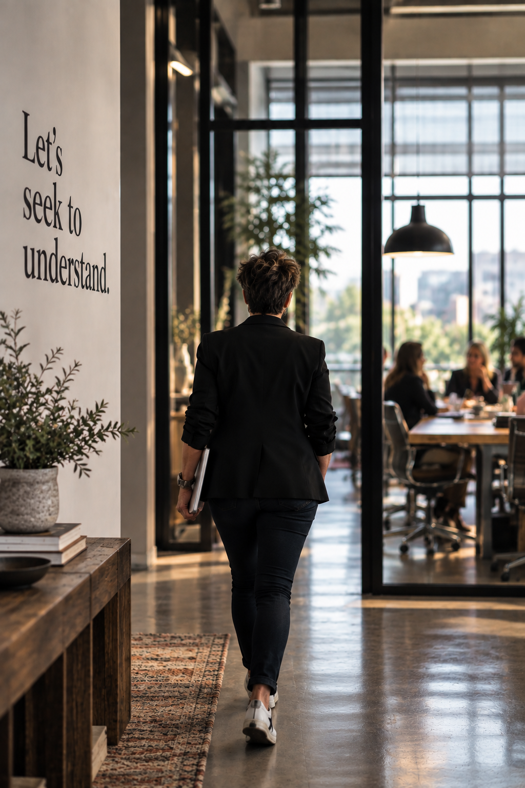 A woman walking through an office lobby holding a laptop, heading toward a meeting room where people are seated at a table.