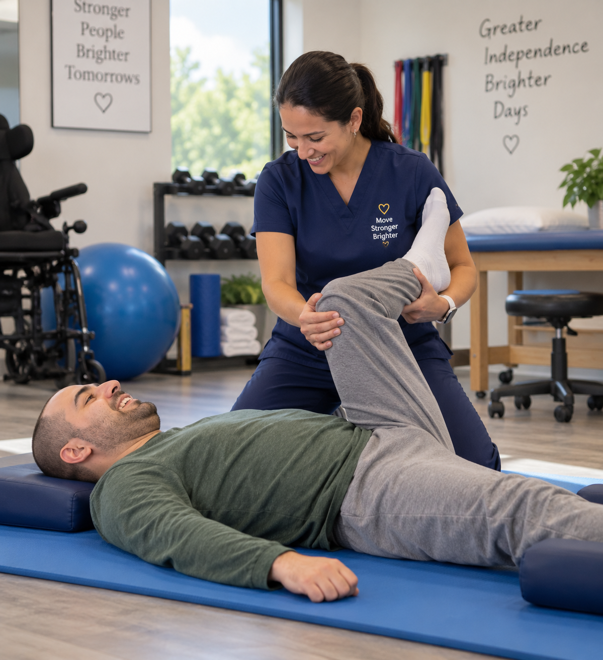A physical therapist assists a male patient with stretching exercises in a therapy room, smiling while lying on a blue mat.