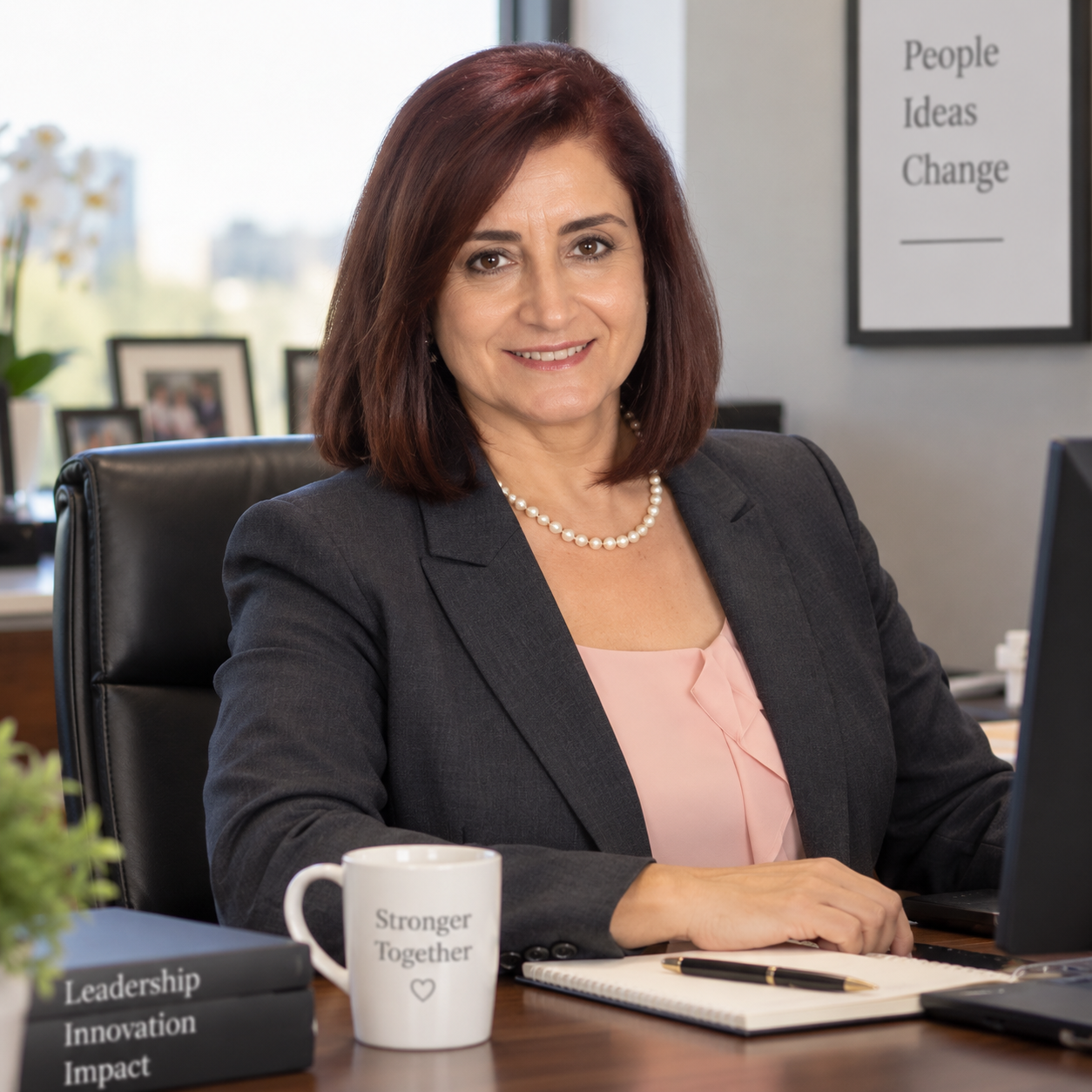 A woman with shoulder-length dark red hair sitting at a desk in an office. She is wearing a dark blazer, a light pink blouse, a pearl necklace, and is smiling at the camera. The desk has a white mug with the words "Stronger Together" and a heart symbol, a notebook, and a pen. In the background, there are framed photos, a plant, and a board with the words "People Ideas Change."