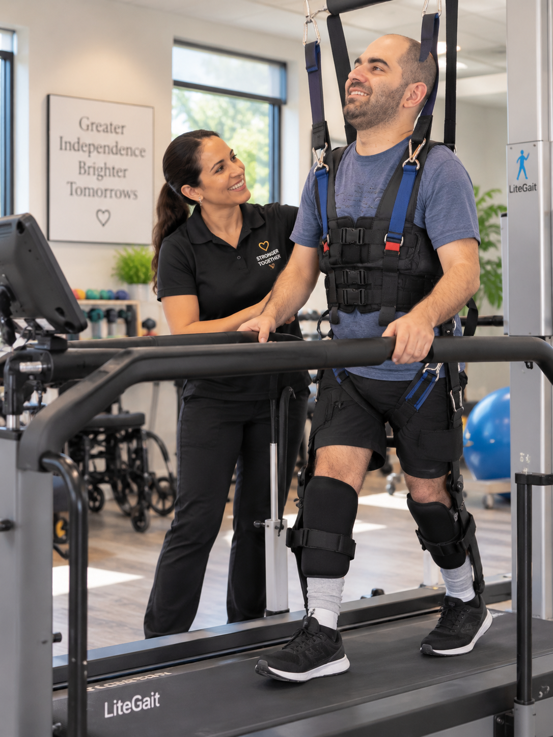 A man undergoing gait training on a treadmill with support straps, assisted by a female therapist at a rehabilitation center.