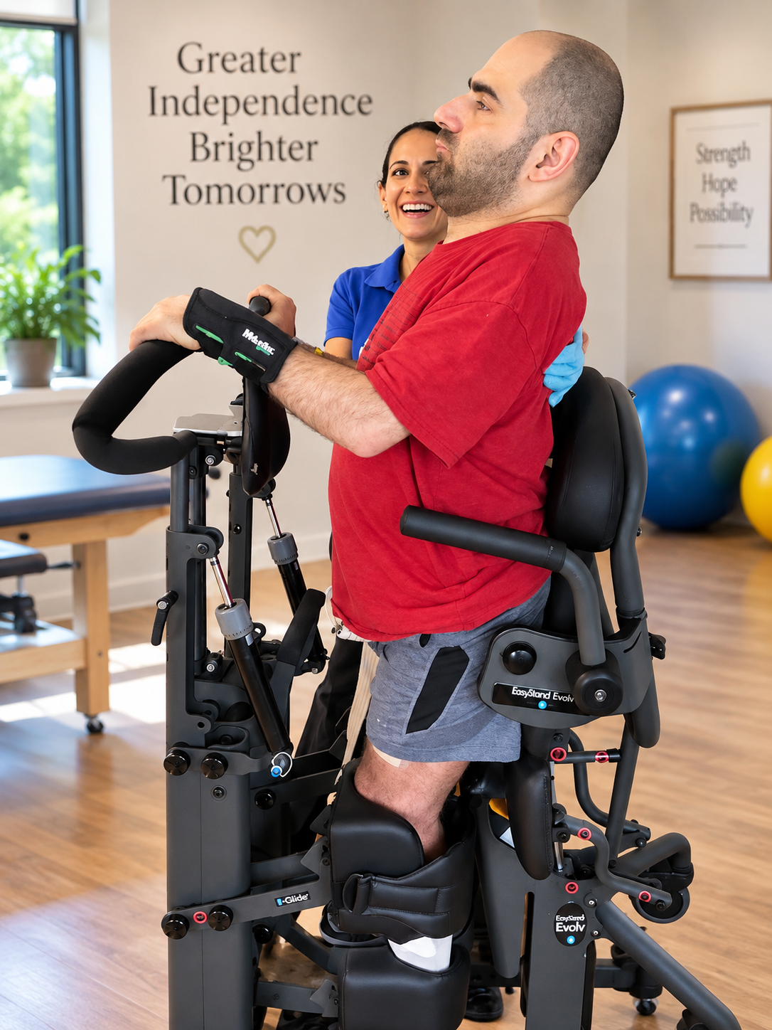 A man using a robotic exoskeleton for walking therapy in a rehabilitation center, with a woman assisting and smiling in the background.