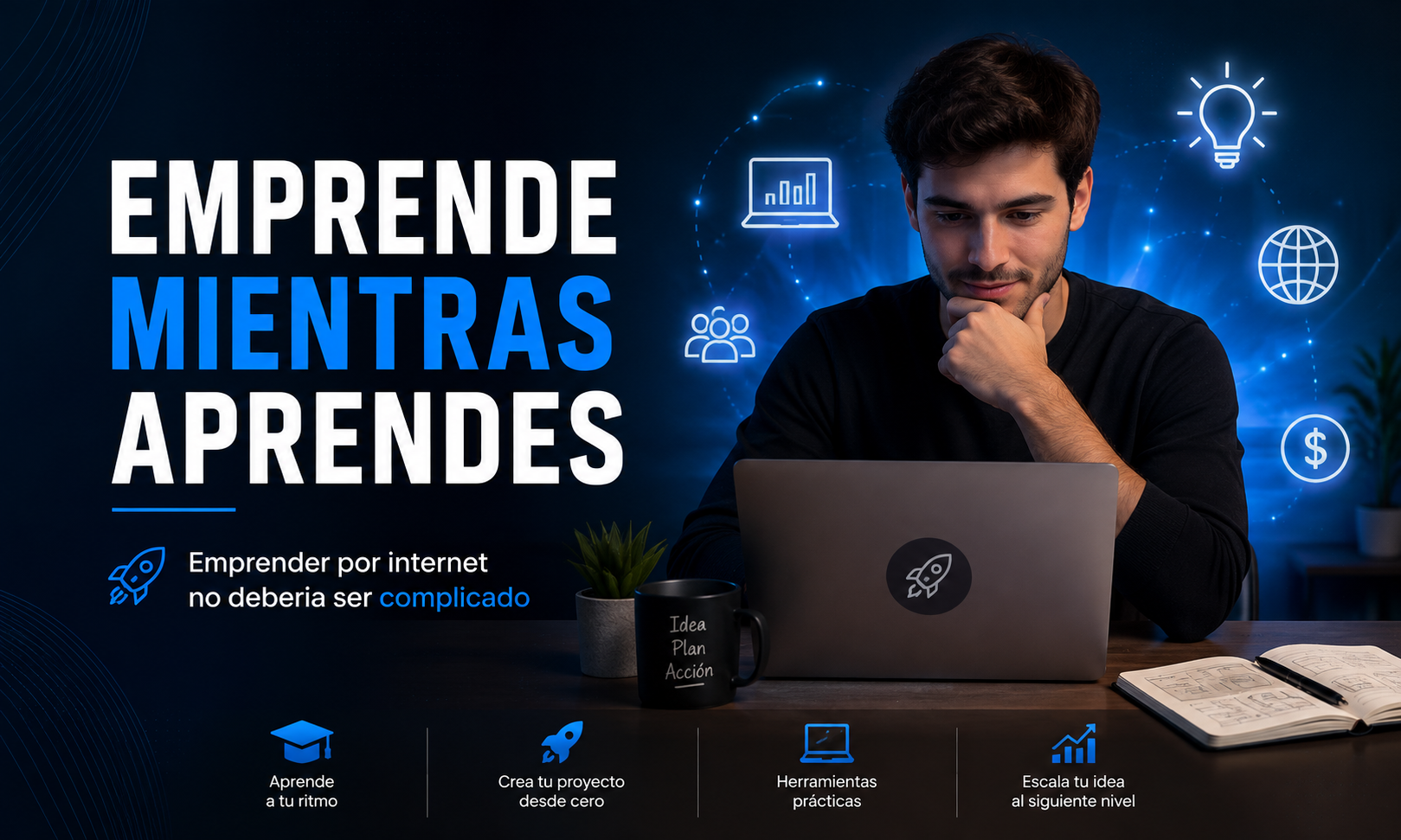 Persona joven trabajando en una laptop con íconos digitales de crecimiento, ideas y globalización, promoviendo emprendimiento en línea.