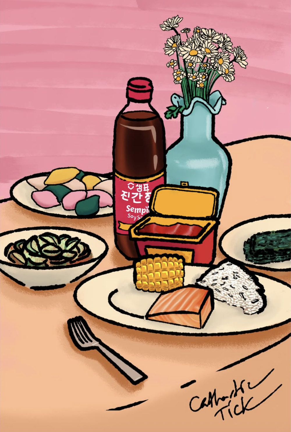 A colorful illustration of a table with various Korean dishes, a soy sauce bottle, a plate of marinated vegetables, rice, salmon, and seaweed, with a blue vase of daisies in the background.