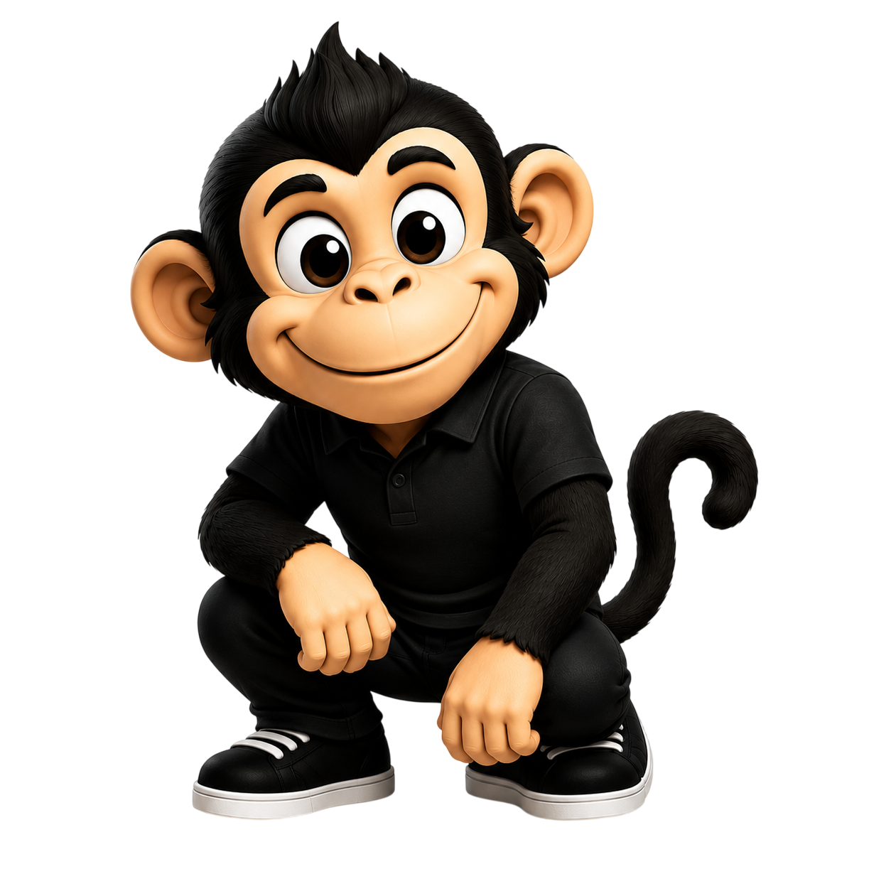 Cartoon monkey with large eyes, black hair, black shirt, black pants, and sneakers, crouching with a cheerful expression.