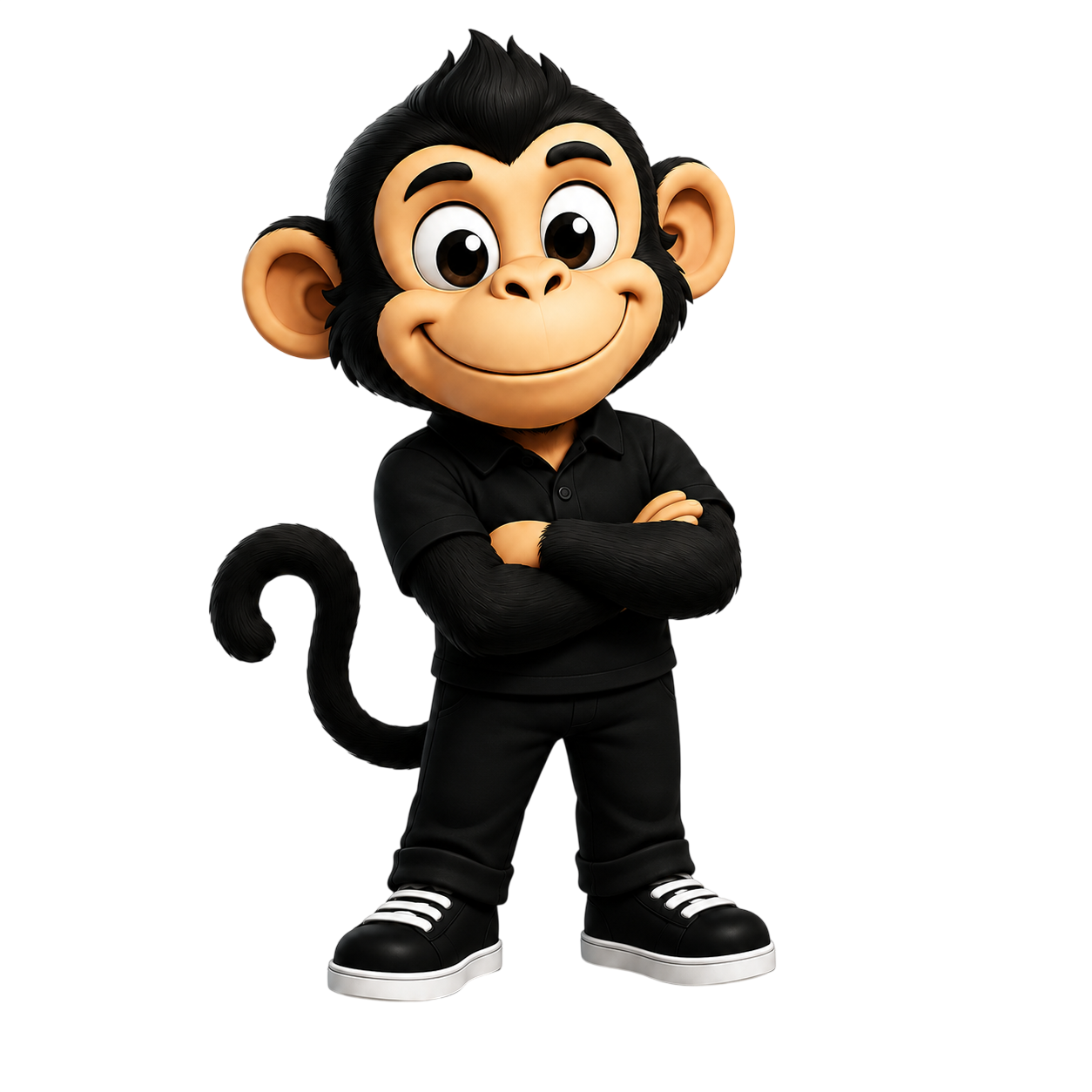Cartoon monkey character with black fur, wearing black clothing and sneakers, standing with arms crossed on black background.
