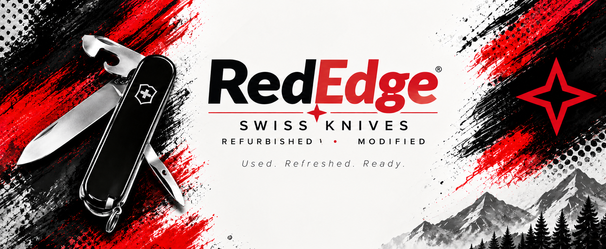 A Swiss knife with multiple tools extended positioned next to the Red Edge Swiss Knives logo, which features red, black, and white paint splashes with mountain and pine tree graphics, and the text "Used. Refreshed. Ready."