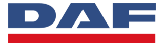 Logo of DAF, a truck and commercial vehicle manufacturer, featuring blue letters with a red underline.