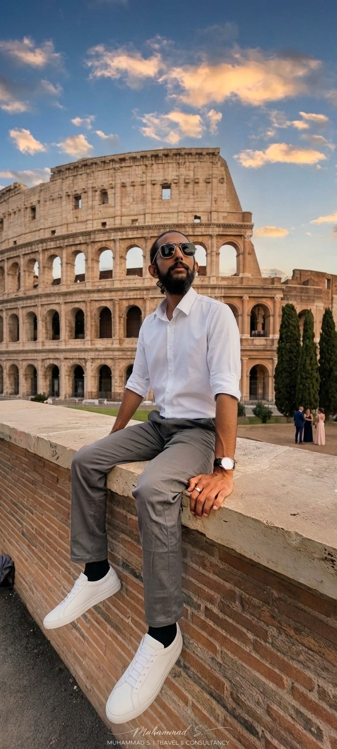 A man with sunglasses, beard, white shirt, gray pants, and white sneakers sitting on a brick wall in front of the Colosseum in Rome during sunset.