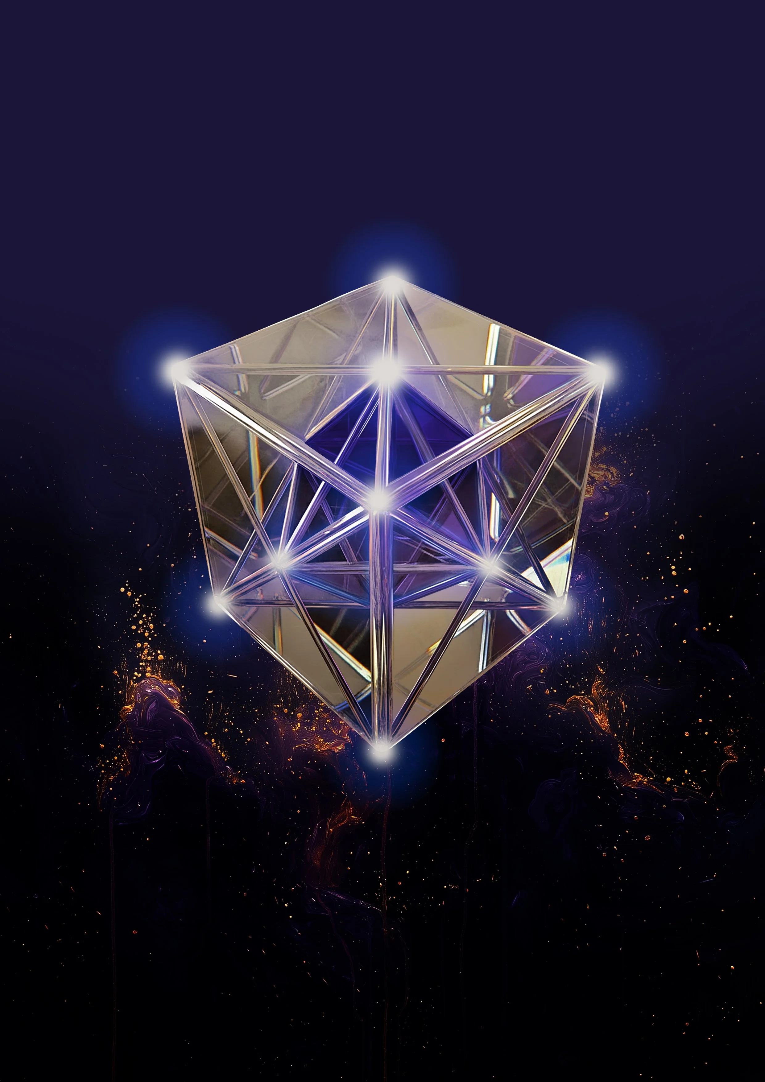 A 3D geometric diamond-shaped structure made of interconnected transparent and metallic lines, glowing with bright white light at some vertices, set against a dark space background with colorful nebula-like formations and tiny glowing particles.