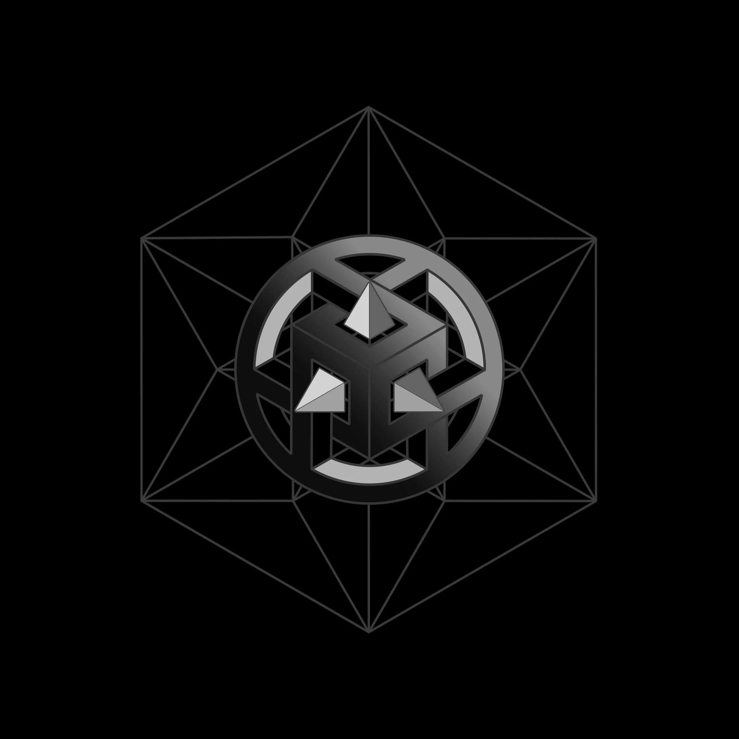 A sacred geometry based illustration with an Escher-like 3D cube, encompassed by a circle that paradoxically is a sphere as well, set against a plain black background.