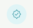 A light blue circular icon with a white checkmark inside a star-shaped badge.