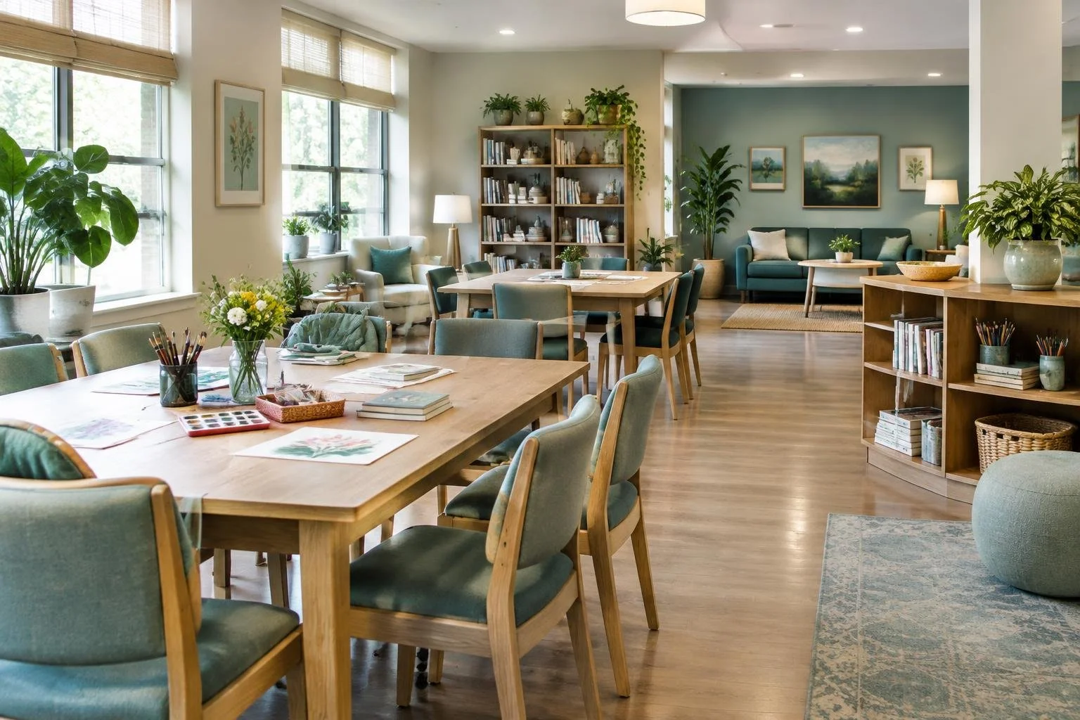 A spacious, well-lit living and dining area with multiple wooden tables surrounded by green upholstered chairs, large windows with blinds, and various potted plants and bookshelves for decoration.