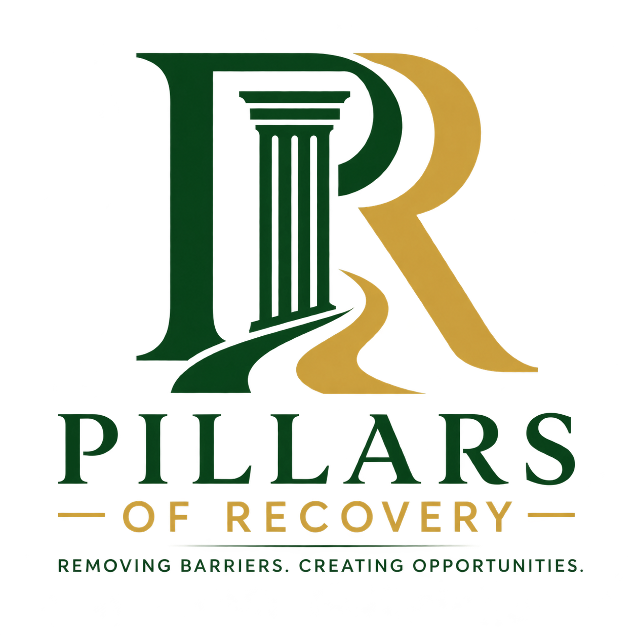 Logo for Pillars of Recovery with a stylized 'P' and 'R' and the tagline 'Removing Barriers, Creating Opportunities'
