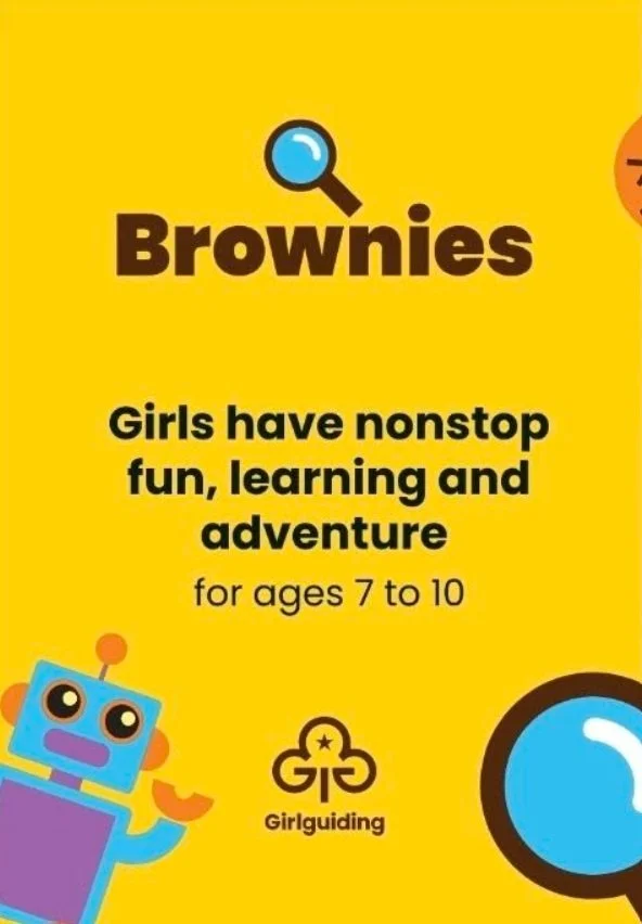 Yellow background with the title 'Brownies' and text promoting a girls' learning adventure program for ages 7 to 10, featuring cartoon robot character and logo for Girlguiding.