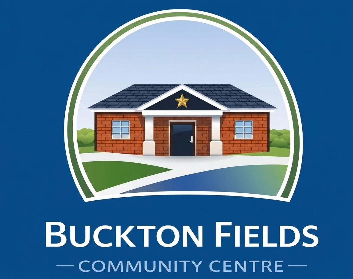 Logo of Buckton Fields Community Centre featuring a brick building with a star above the entrance, set against a scenic background with green trees and a curved pathway, with the text 'Buckton Fields Community Centre' below.