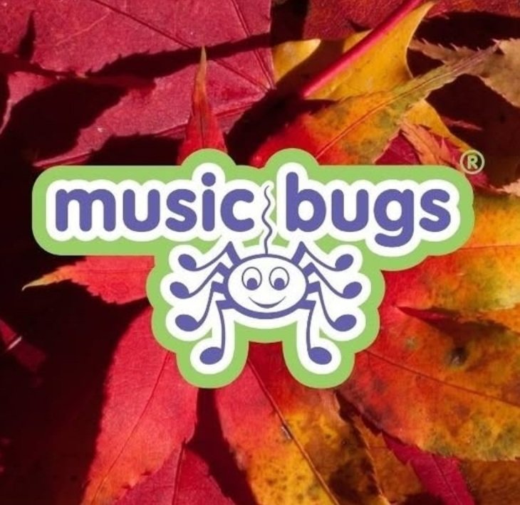 Logo of 'Music Bugs' featuring a cartoon bug with a smiling face and musical notes on its antennae, set against a background of autumn leaves.