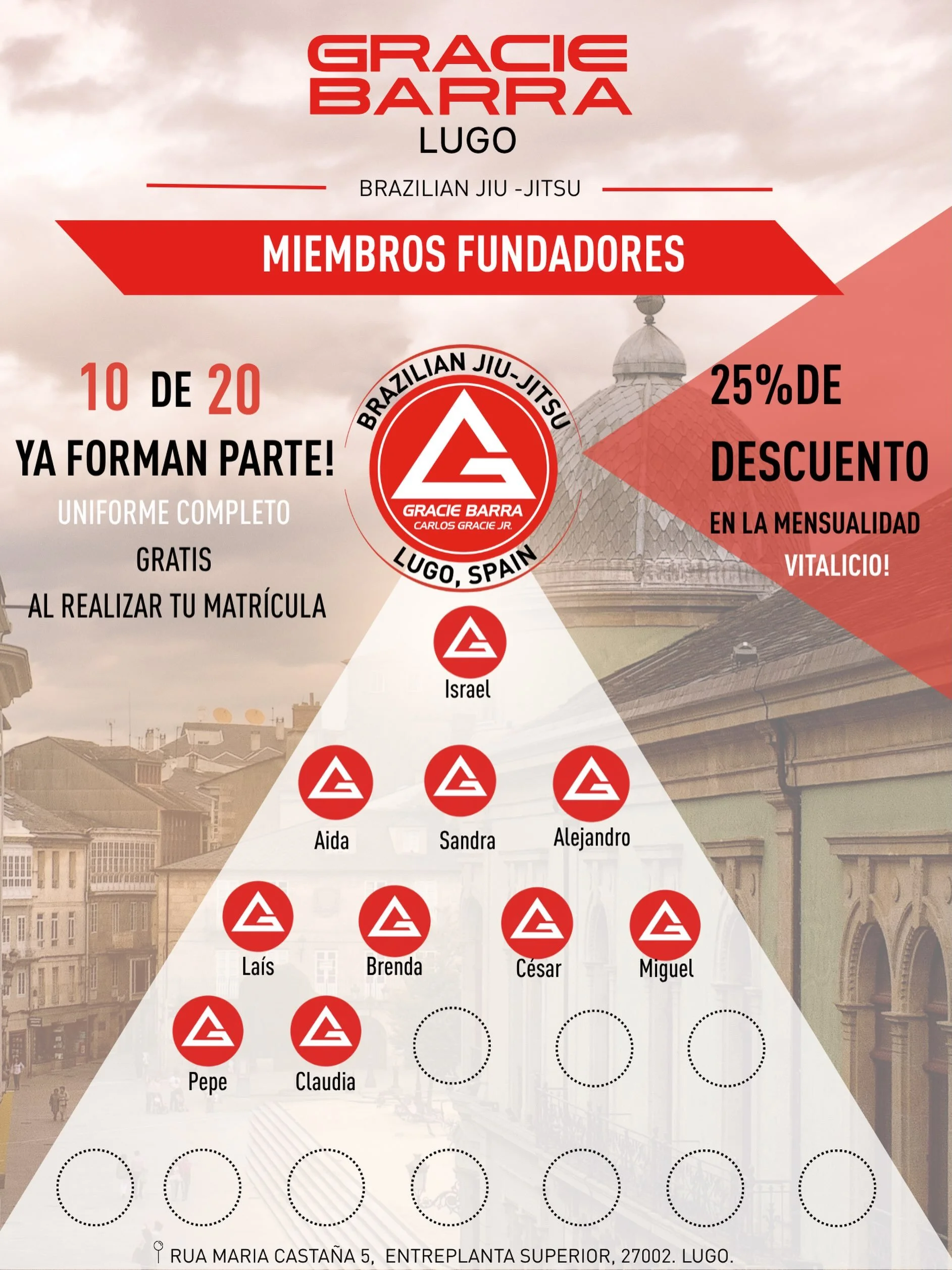 10 de nuestras 20 plazas de Miembros Fundadores ya est&aacute;n ocupadas! 🔥&nbsp; 

Una calurosa bienvenida a todos los que ya se han unido a la familia de Gracie Barra Lugo. 

Nuestra comunidad est&aacute; creciendo incluso antes de abrir oficialme