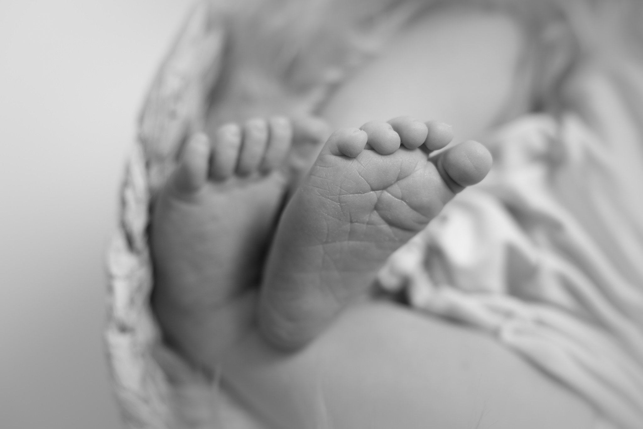 Black and white photo of a baby's hand gripping an adult's finger.