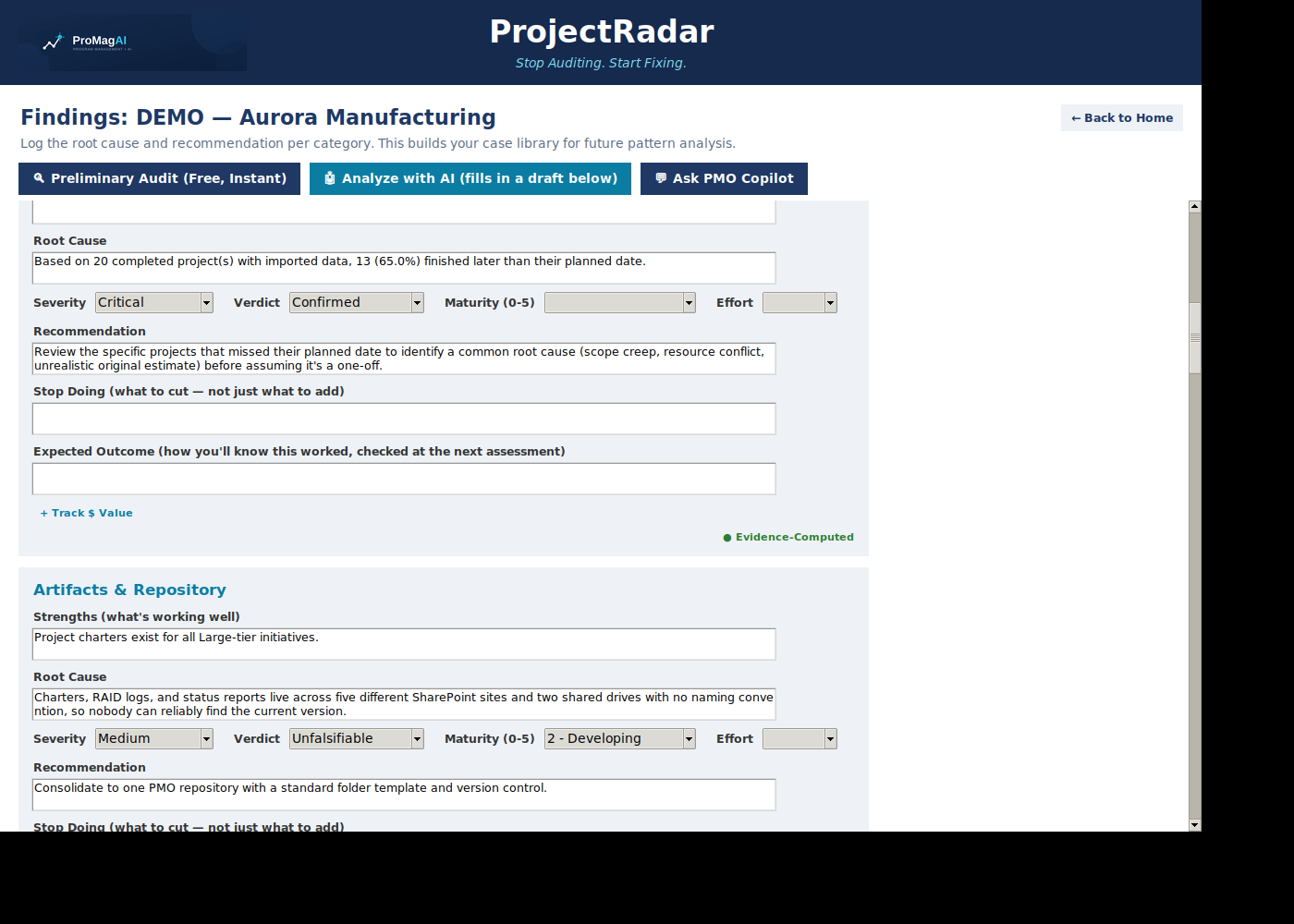 ProjectRadar screen showing an Evidence-Computed finding with root cause written from data
