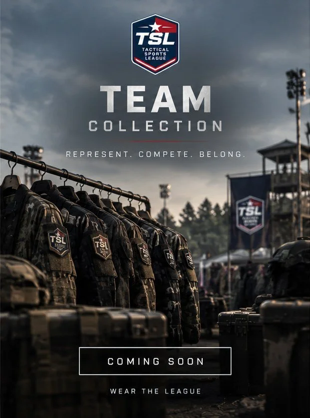 Promotion for TSL Tactical Sports League team collection showing camouflage uniforms hanging on a rack with luggage in the foreground, a TSL banner, and cloudy sky.