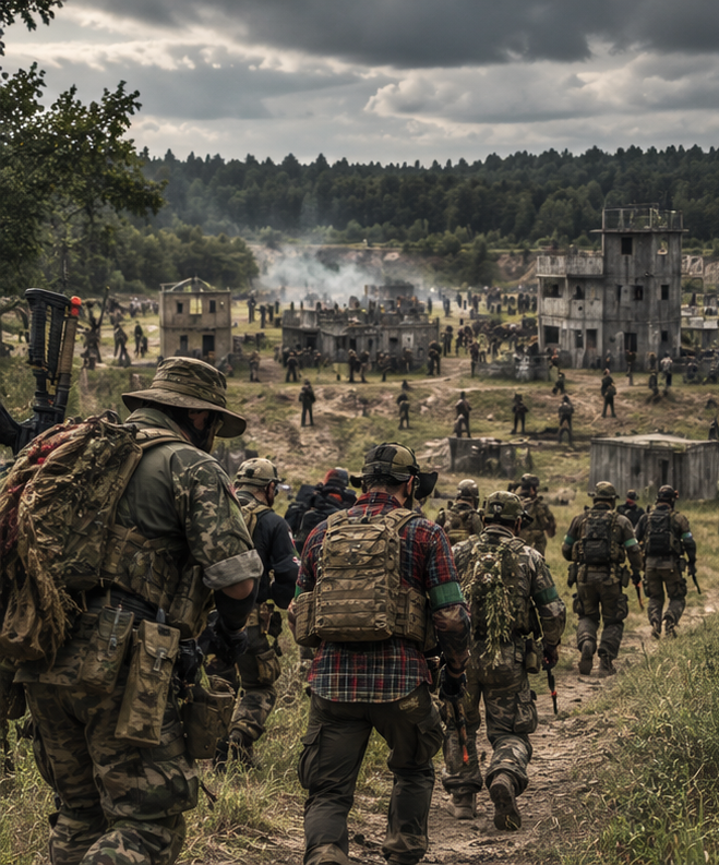 Military personnel advancing towards a battlefield with buildings and smoke in background, overcast sky.