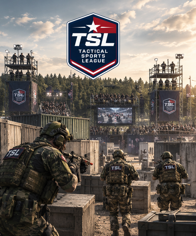 Military personnel in tactical gear with TSL patches participate in a training or exercise at a Tactical Sports League event, with spectators, large screens, and event banners in the background.
