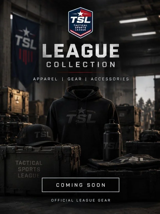Promotional poster for TSL Tactical Sports League league collection featuring apparel, gear, and accessories in a dark industrial setting with a hoodie, water bottle, and hard cases, highlighting an upcoming product launch.