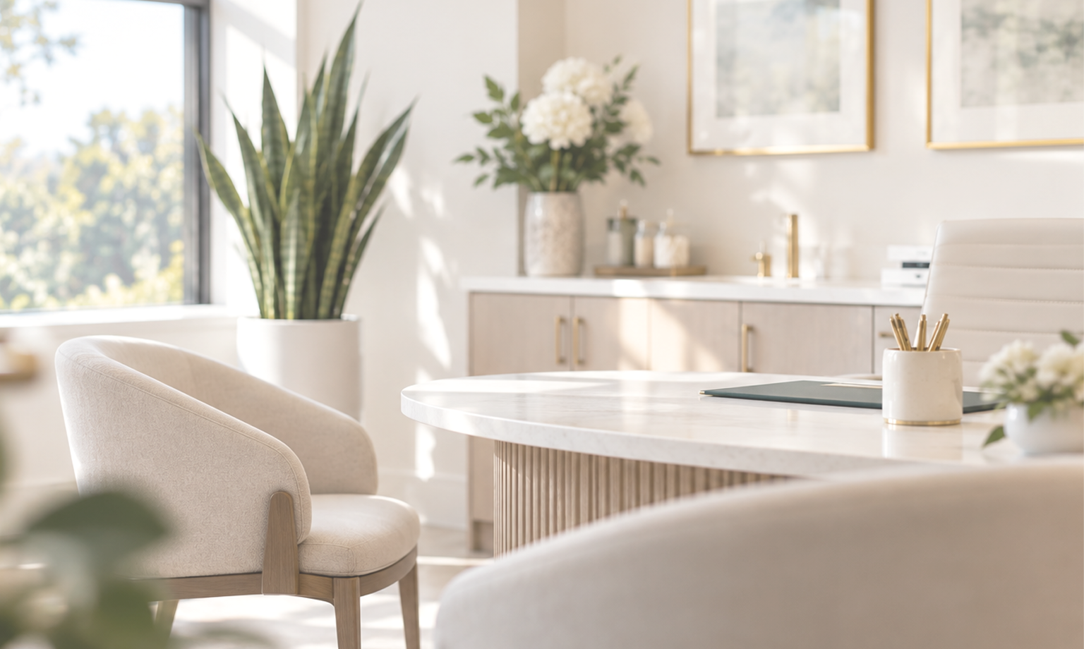 Bright and modern dining room with a round marble table, beige upholstered chairs, a large potted snake plant, framed pictures, and decorative items with a soft white and beige color palette.