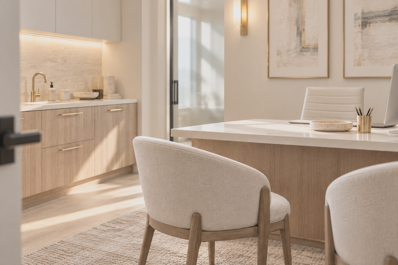 Modern beige and wood business office with a table, chairs, and workspace decor.