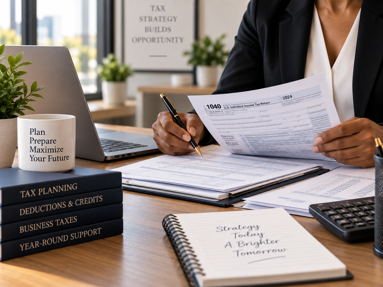 Person holding a tax form in an office workspace with financial documents, a laptop, potted plants, and books about tax planning and deductions.