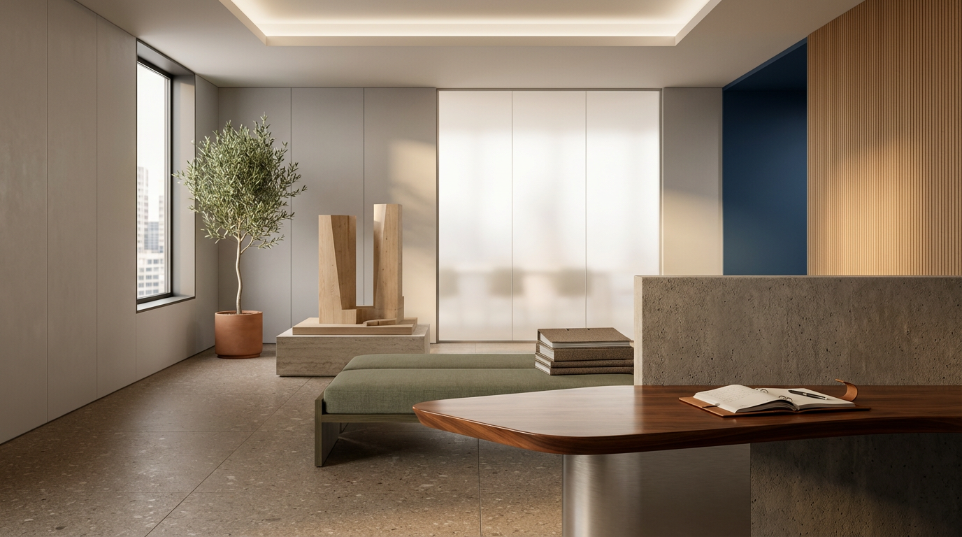 Modern minimalist office space with large window, potted plant, abstract wooden sculptures, green cushioned bench, stairs with books, wooden desk with open notebook and pen, and textured wall panels.