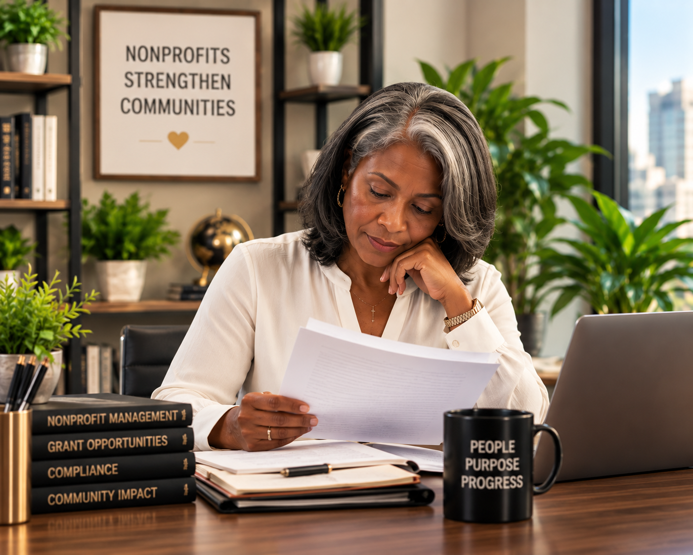 A woman inside an office, reading papers with books labeled 'Nonprofit Management,' 'Grant Opportunities,' 'Compliance,' and 'Community Impact' on her desk, and a black mug with 'People Purpose Progress' written on it. Behind her is a sign that says 'Nonprofits Strengthen Communities'.