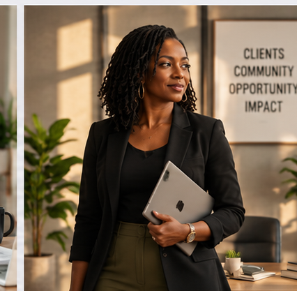 A professional woman with curly hair holding a tablet in an office setting with a wall sign reading 'Clients Community Opportunity Impact' in the background.