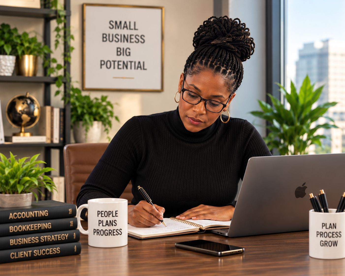 A woman with glasses and a black sweater sits at a desk writing in a notebook in an office setting. There are books, a mug, and a laptop on the desk. A framed sign on the wall reads "Small Business Big Potential." There are plants and decorative items on shelves behind her.