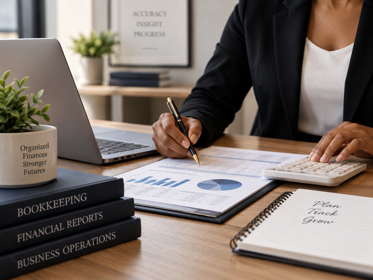 Person working on financial documents with a pen, calculator, and laptop on a wooden desk, featuring books on bookkeeping, financial reports, and business operations.