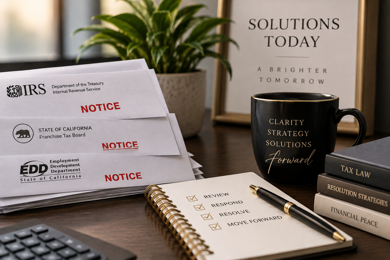 Desk with legal documents, a notebook with review checkmarks, a pen, a mug with company values, framed quote, potted plant, and a stack of law and strategy books.